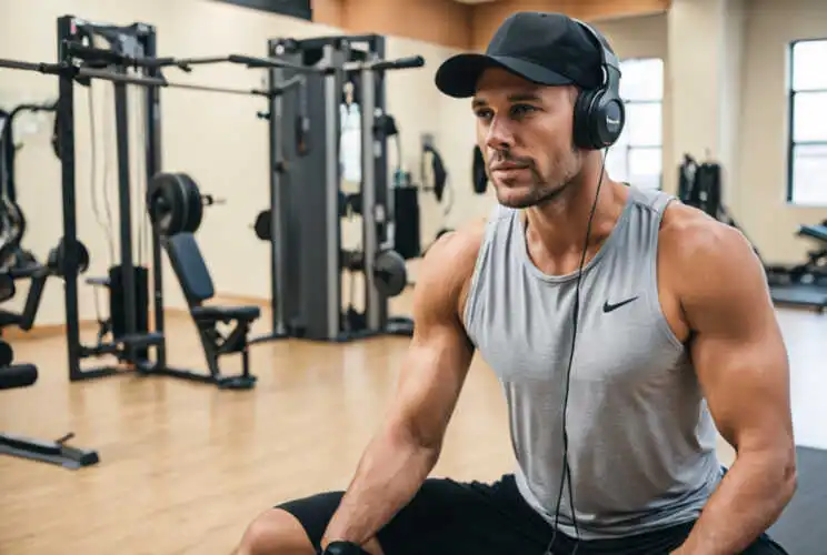 hat and headphones gym