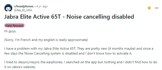 Jabra elite 65t noise cancellation not working